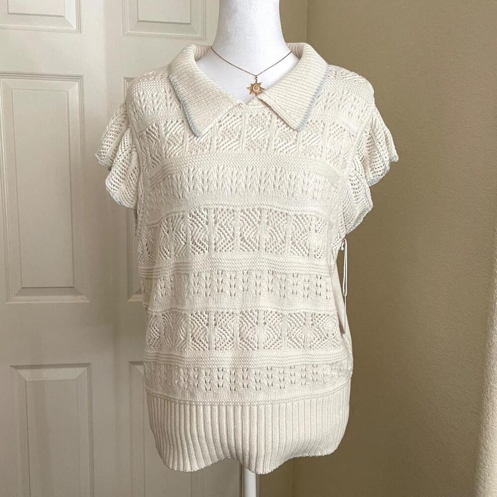 NWT Lauren Conrad Cream + Blue Knit Polo Sleeveless Shirt - size large